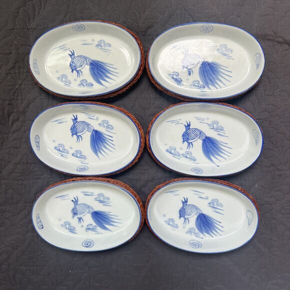 Vintage Rare 6pc Ceramic Fish Seashell Oval Bowl in Wicker Basket Hand Painted - Picture 1 of 8